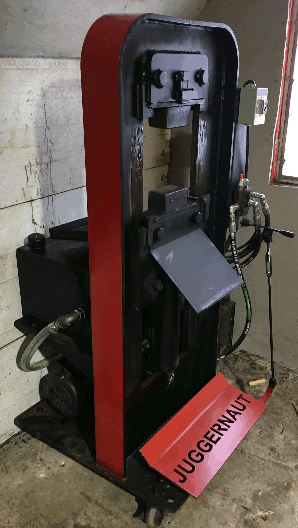 JUGGERNAUT 29T blacksmith forging press front view — H-frame design, single cylinder, scale tray, and foot pedal control, made in Ontario Canada by Broad River Forge