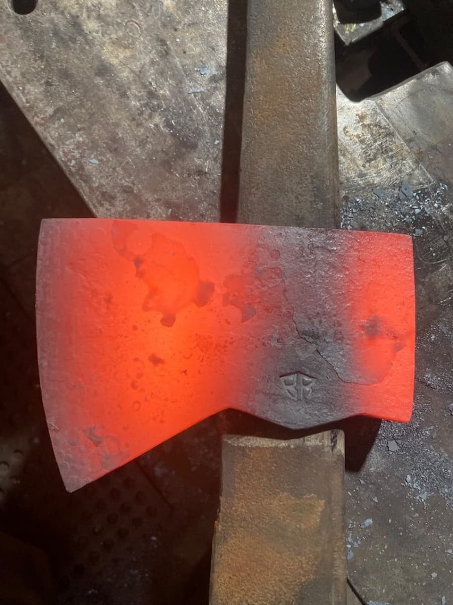Hot forged STOHLER axe head red steel anvil blacksmithing Canada Broad River Forge