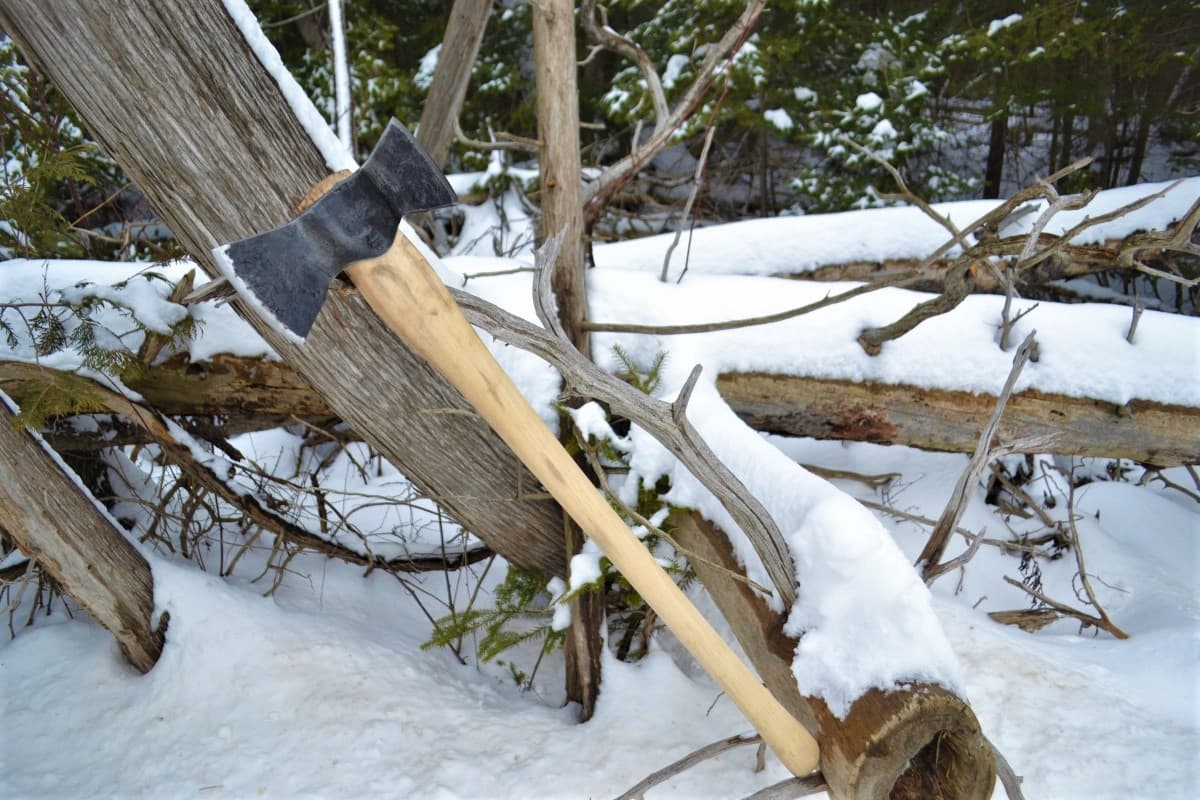 Double bit axe leaning snow covered log wood handle Canada Broad River Forge