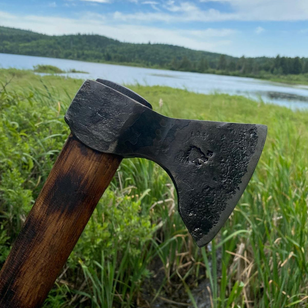 Taiga Wolverine survival axe hand-forged by Broad River Forge with Evenki chisel grind for bushcraft and wilderness travel